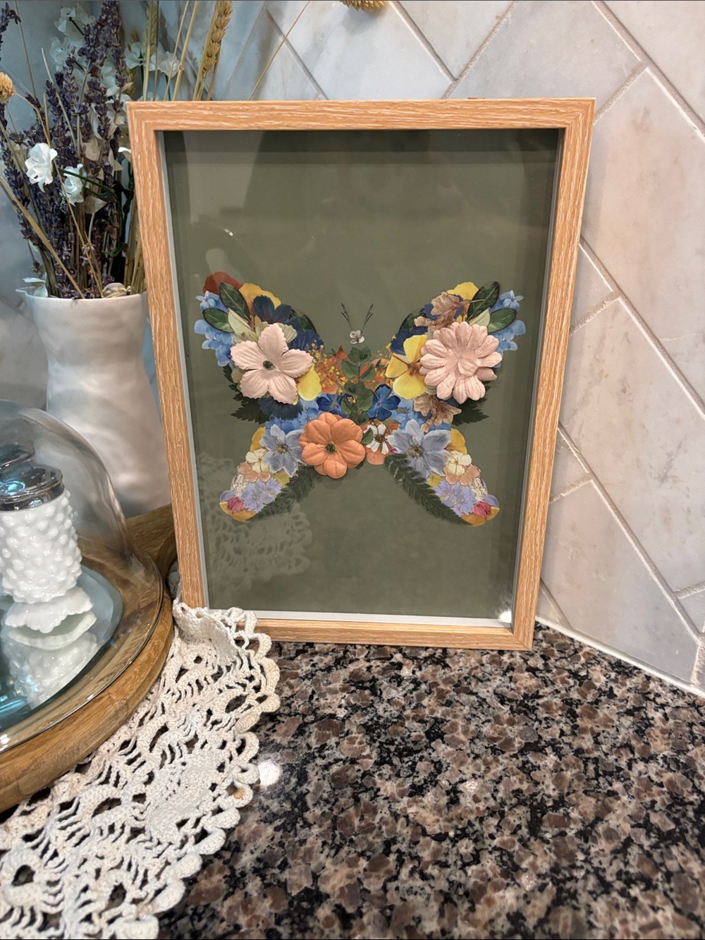 Pressed Floral Butterfly Wall Art - Olive Background